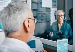 woman getting hearing test.